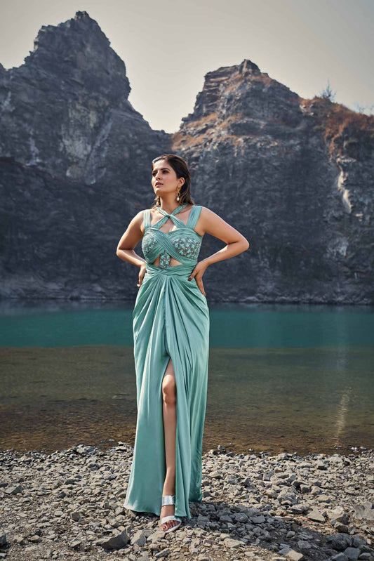 Sage Cross-Neck Cut-Out Maxi Dress