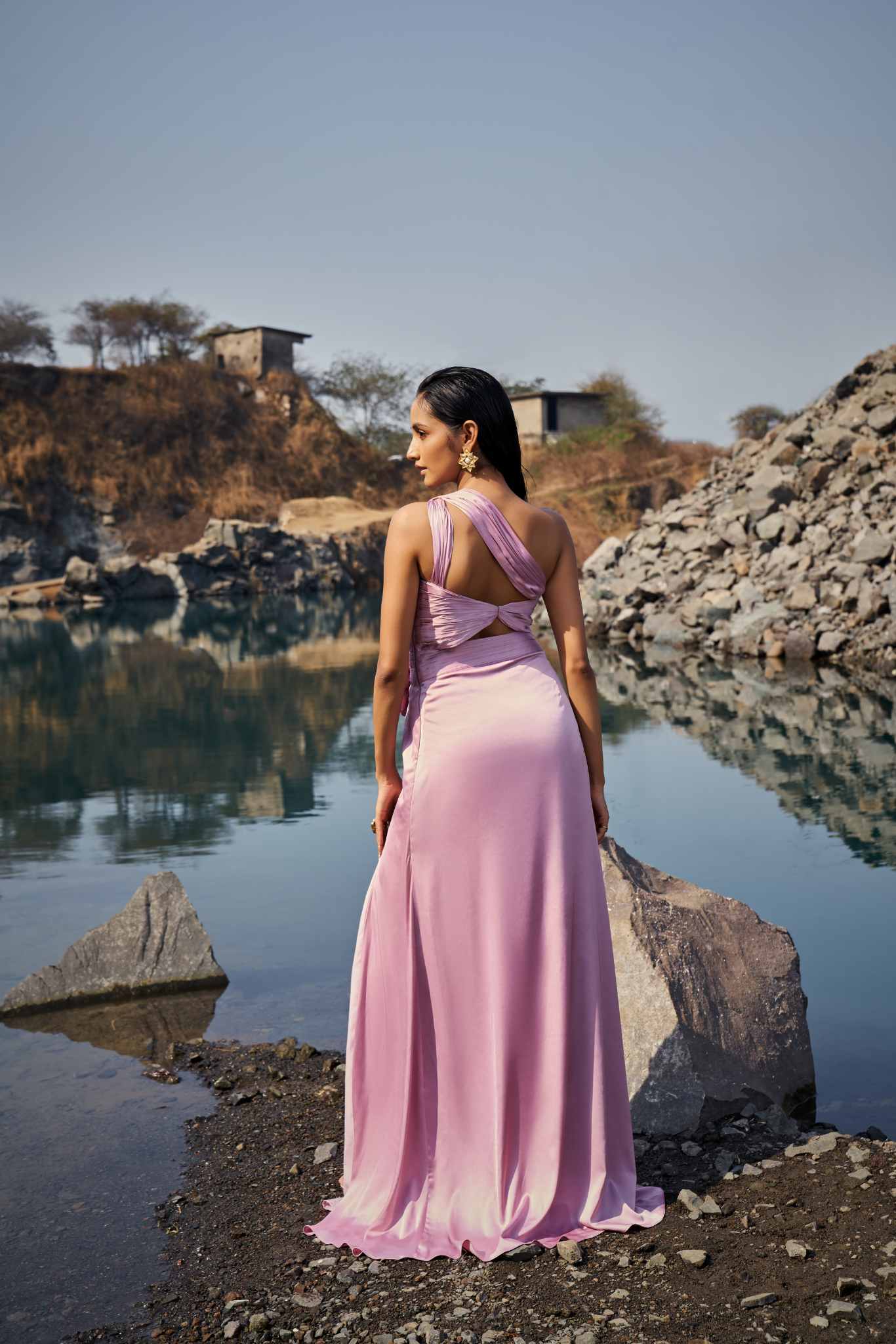 Blush One-Shoulder Draped Cut-Out Gown