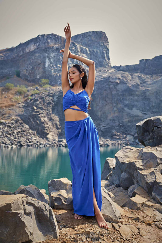 Sapphire Twist Crop Top & Draped Maxi Skirt Set