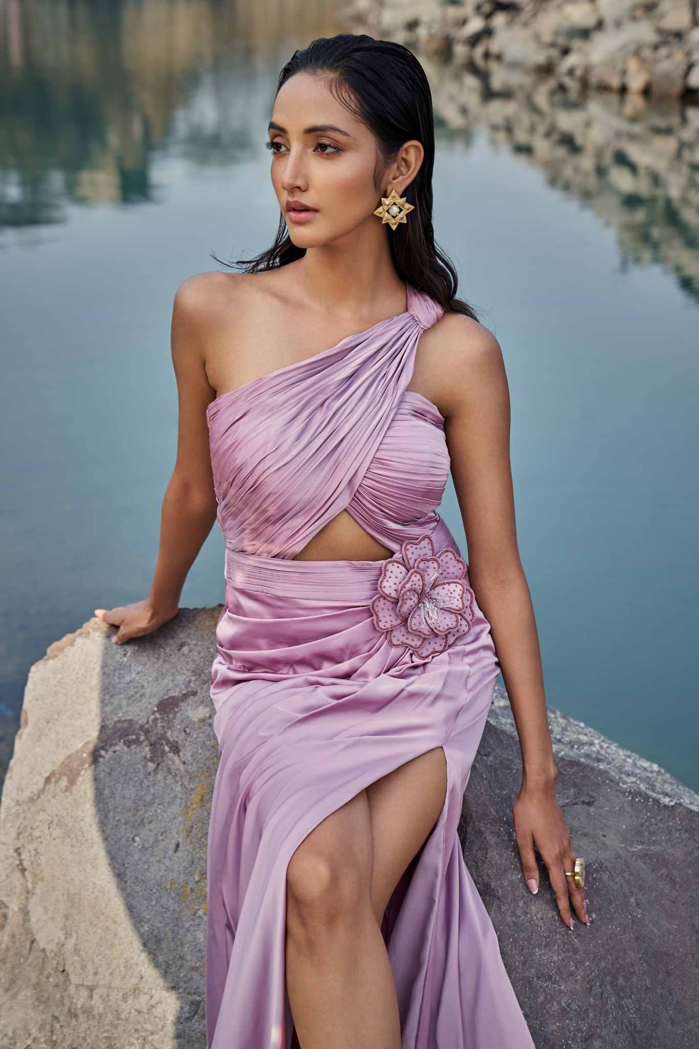 Blush One-Shoulder Draped Cut-Out Gown