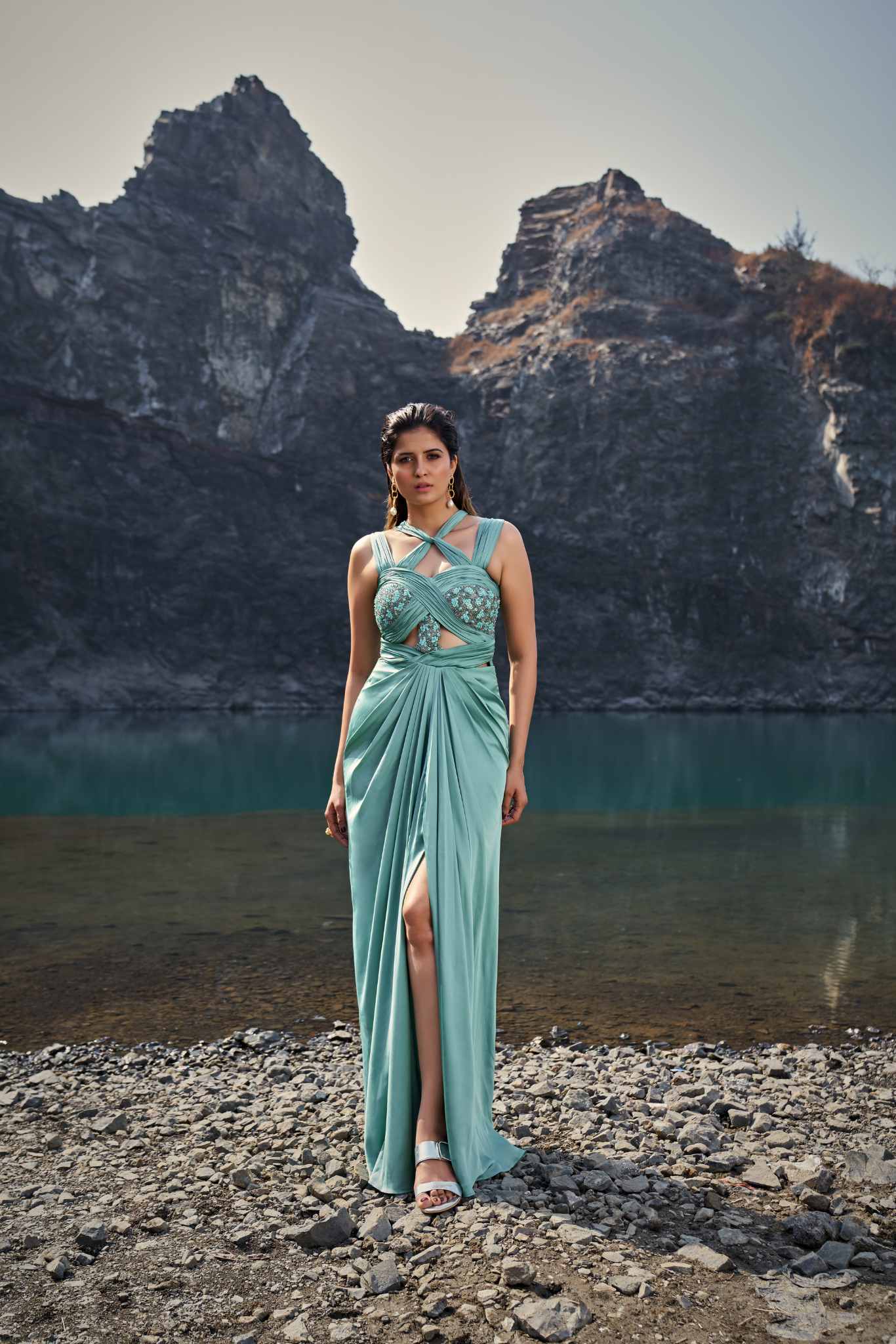 Sage Cross-Neck Cut-Out Maxi Dress