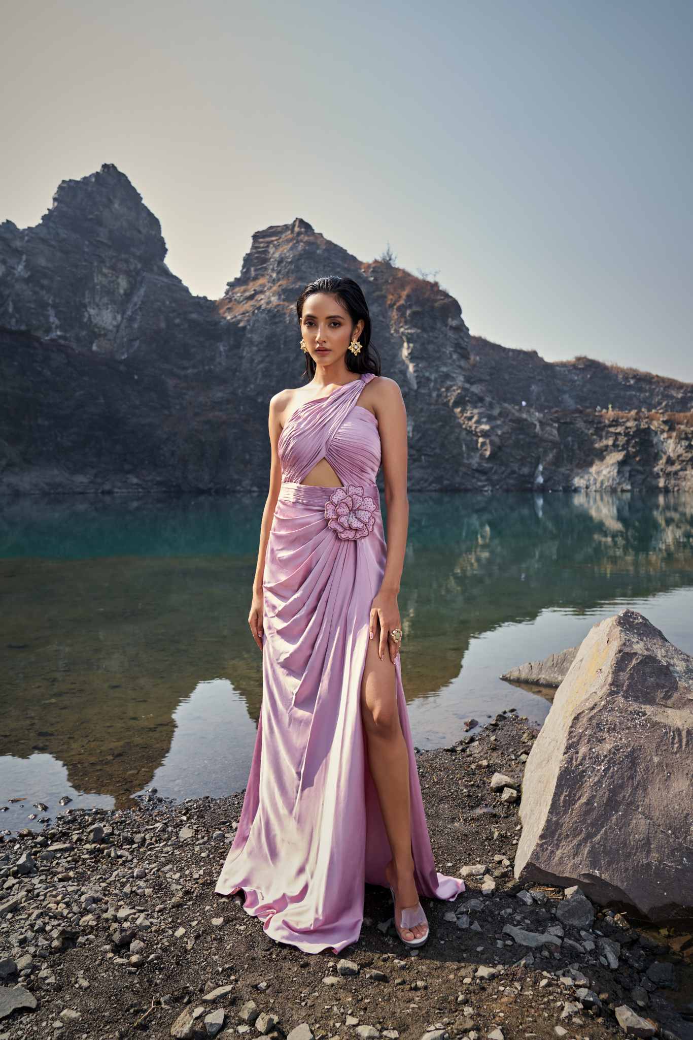 Blush One-Shoulder Draped Cut-Out Gown