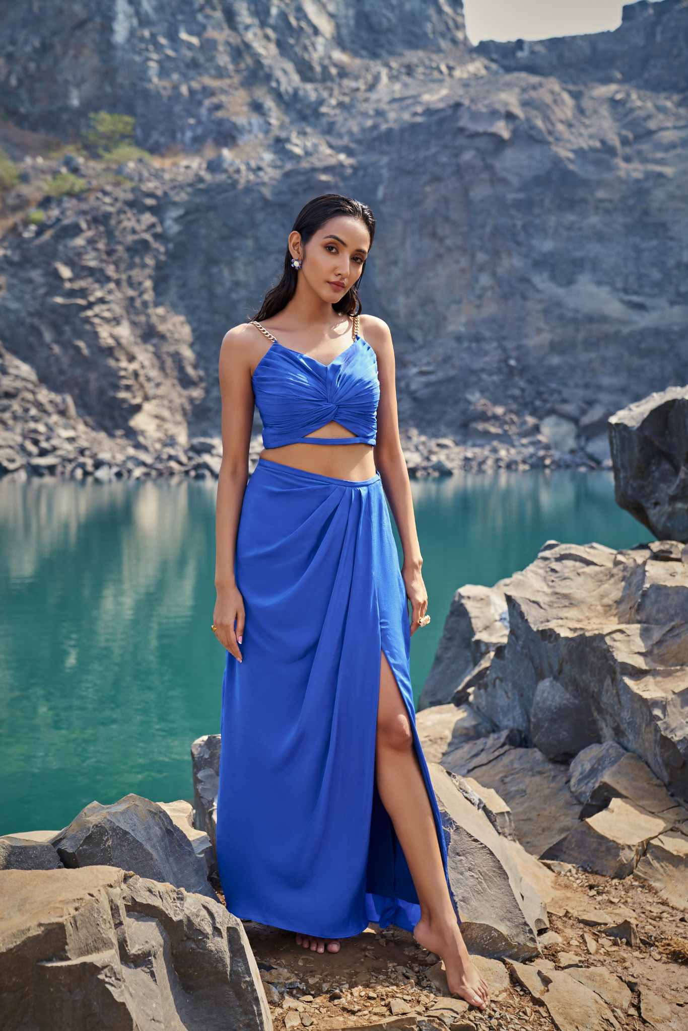 Sapphire Twist Crop Top & Draped Maxi Skirt Set