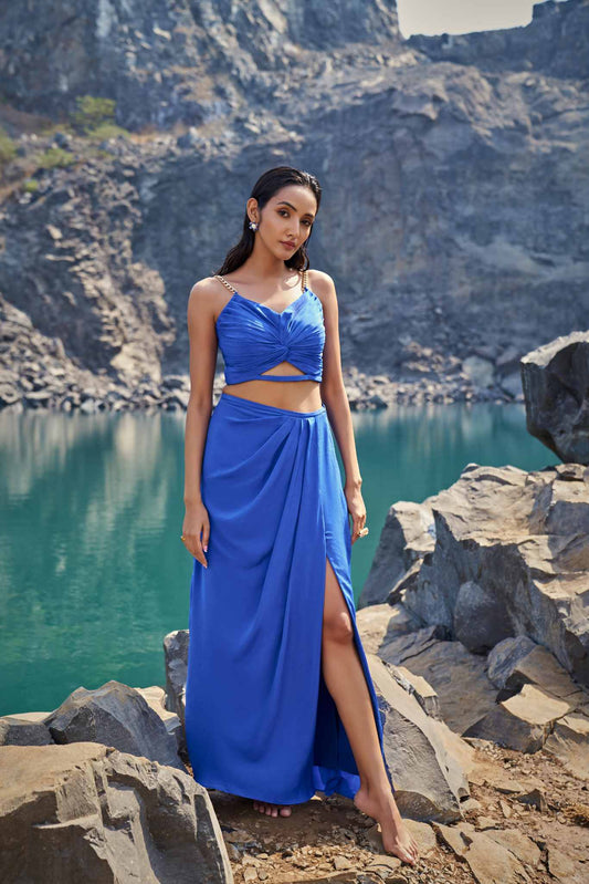 Sapphire Twist Crop Top & Draped Maxi Skirt Set