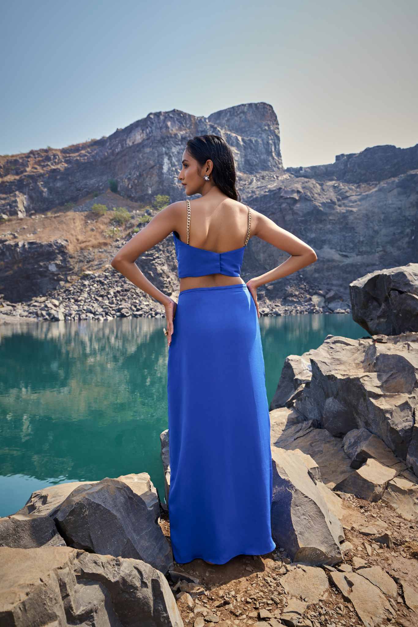 Sapphire Twist Crop Top & Draped Maxi Skirt Set