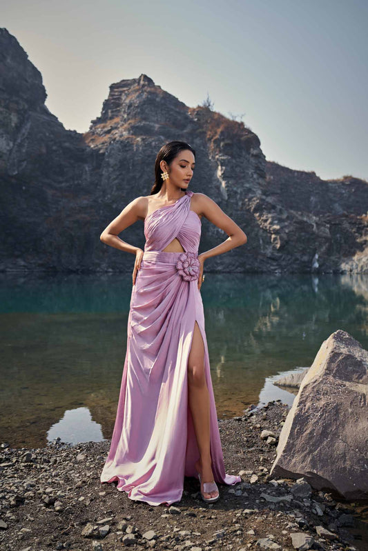 Blush One-Shoulder Draped Cut-Out Gown