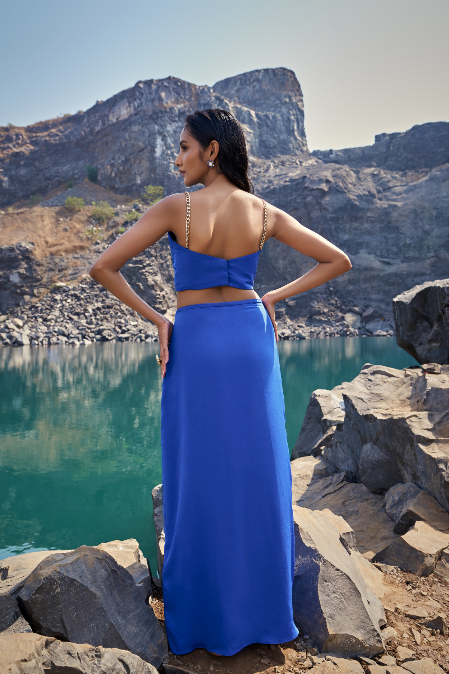 Sapphire Twist Crop Top & Draped Maxi Skirt Set Top